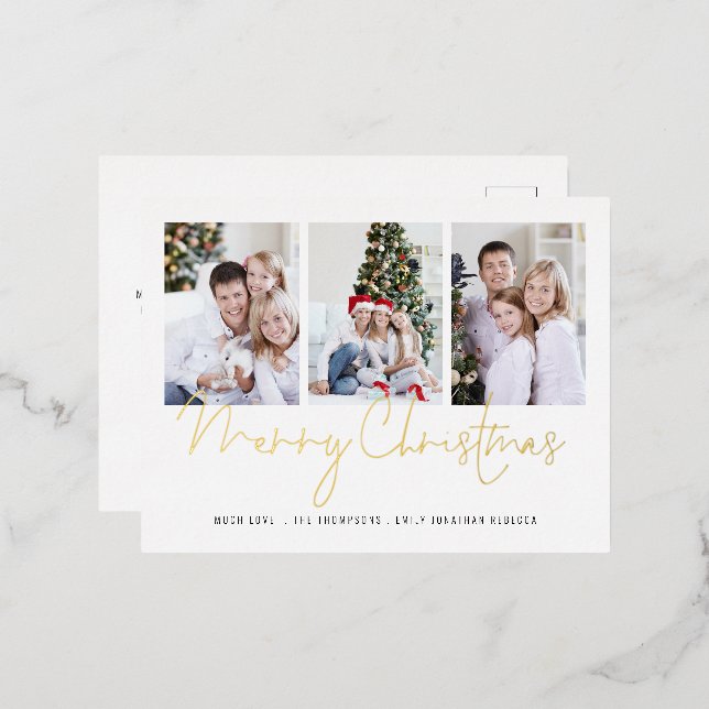 Modern 3 Photos Merry Christmas Real Foil Holiday Postcard (Front/Back)