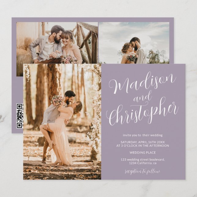 Modern 3 photos names lavender Qr wedding Invitation (Front/Back)