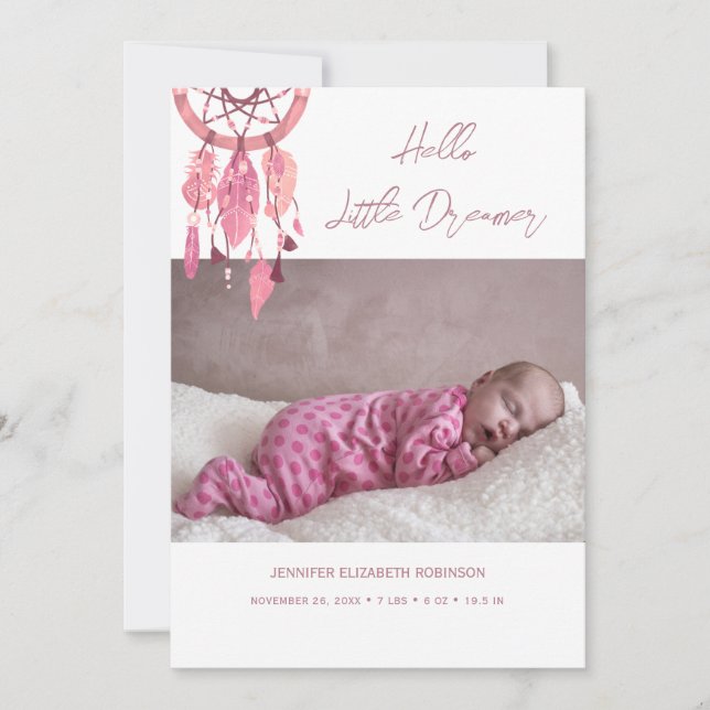 Modern 3 Photos Pink Girl Little Dreamer Birth Announcement (Front)