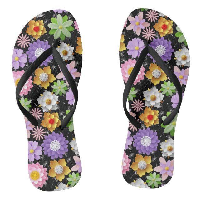 Modern 3D Colourful Floral Pattern 03x4 Black BG Flip Flops (Footbed)