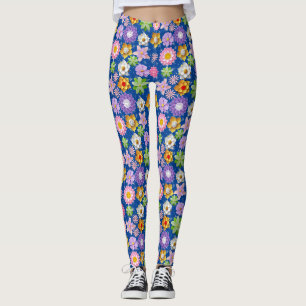 Modern 3D Colourful Floral Pattern 03x4 Blue BG Leggings