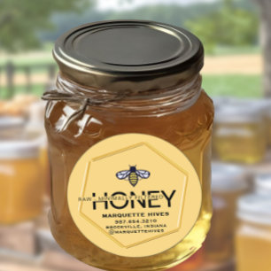Modern 3D Hexagon and Stylized Honeybee Raw HONEY Classic Round Sticker