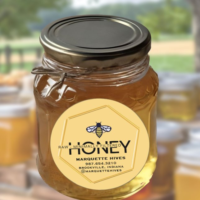 Modern 3D Hexagon and Stylized Honeybee Raw HONEY Classic Round Sticker (Creator Uploaded)