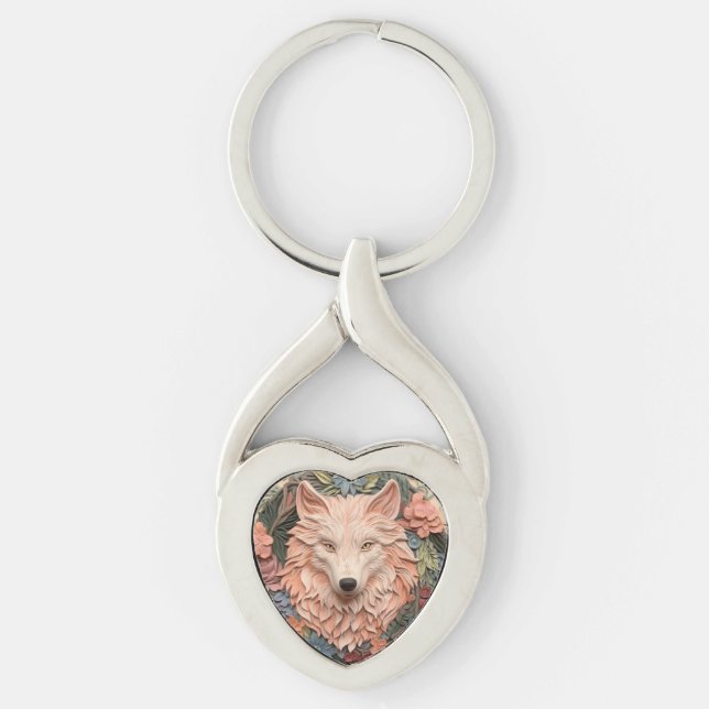 Modern 3d Wolf Floral Peach  Keychain (Front)