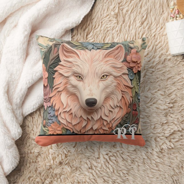 Modern 3D Wolf Peach Monogram Throw Pillow (Blanket)
