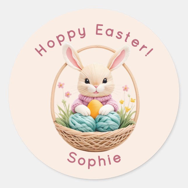 Modern 3D Yarn Art Easter Bunny Personalized Stick Classic Round Sticker (Front)