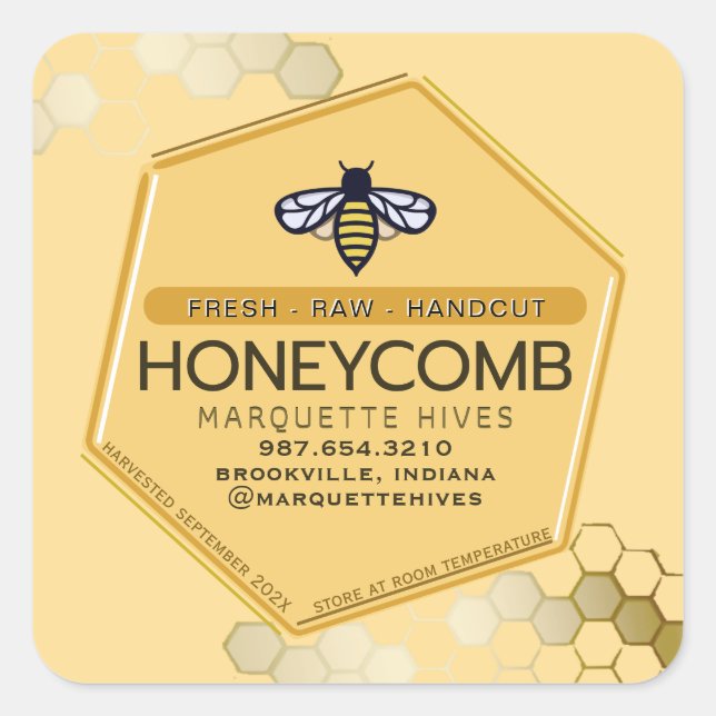 Modern 3D Yellow Hexagon Stylized Bee Honeycomb Square Sticker (Front)