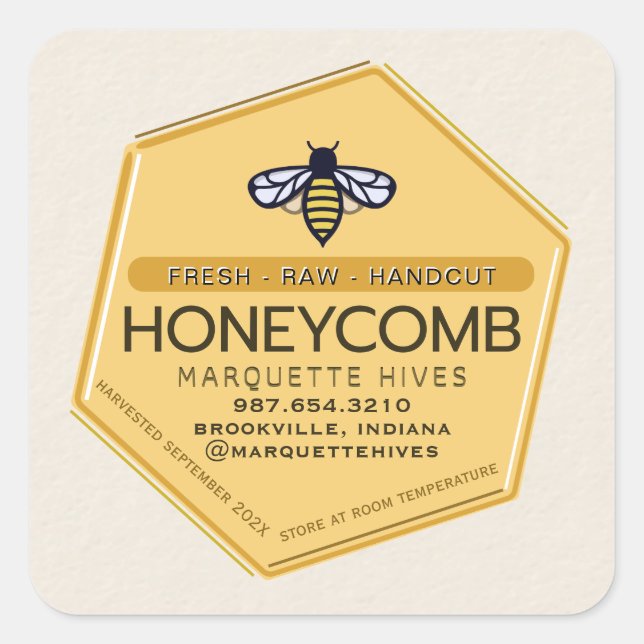 Modern 3D Yellow Hexagon Stylized Bee Honeycomb Square Sticker (Front)