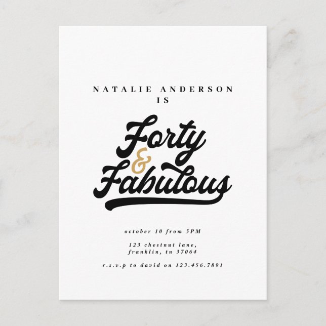 Modern 40 and fabulous black and white birthday postcard (Front)