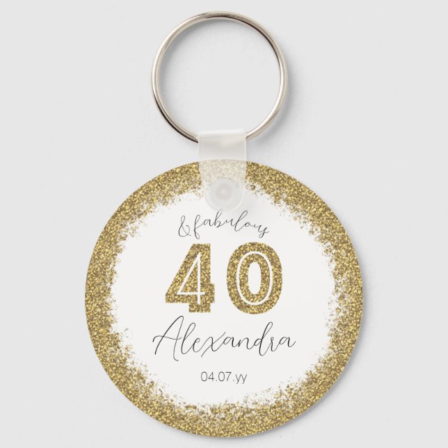 Modern 40 and Fabulous Gold Gitter Personalized Keychain (Front)