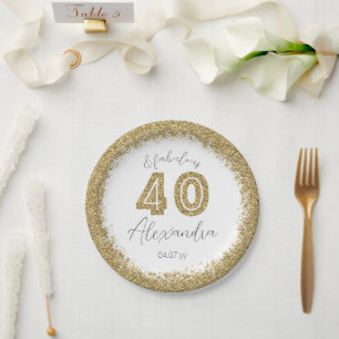 Modern 40 and Fabulous Gold Gitter Personalized Paper Plate