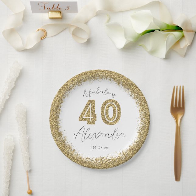 Modern 40 and Fabulous Gold Gitter Personalized Paper Plate (Wedding)