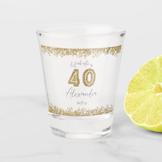 Modern 40 and Fabulous Gold Gitter Personalized Shot Glass (Front)