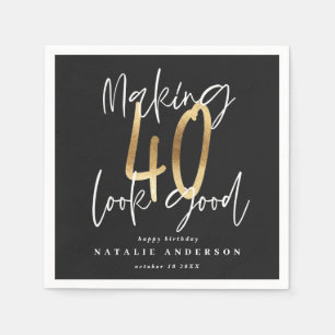 Modern 40 black and gold typography birthday party napkin