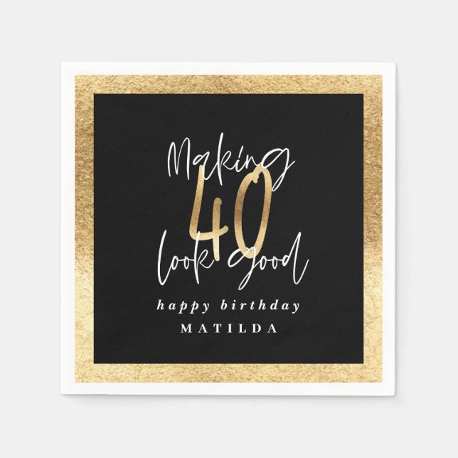 Modern 40 black and gold typography birthday party napkin (Front)
