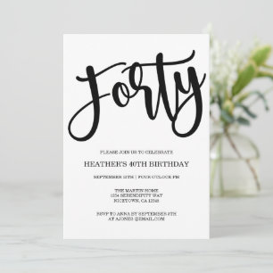 Modern 40th Birthday Black and White Invitation