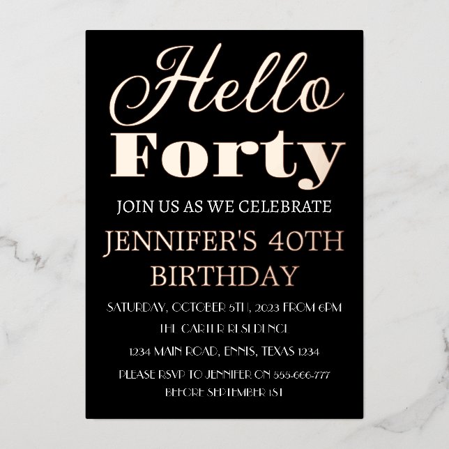 Modern 40th Birthday Black Rose Gold Foil QR Code (Front)