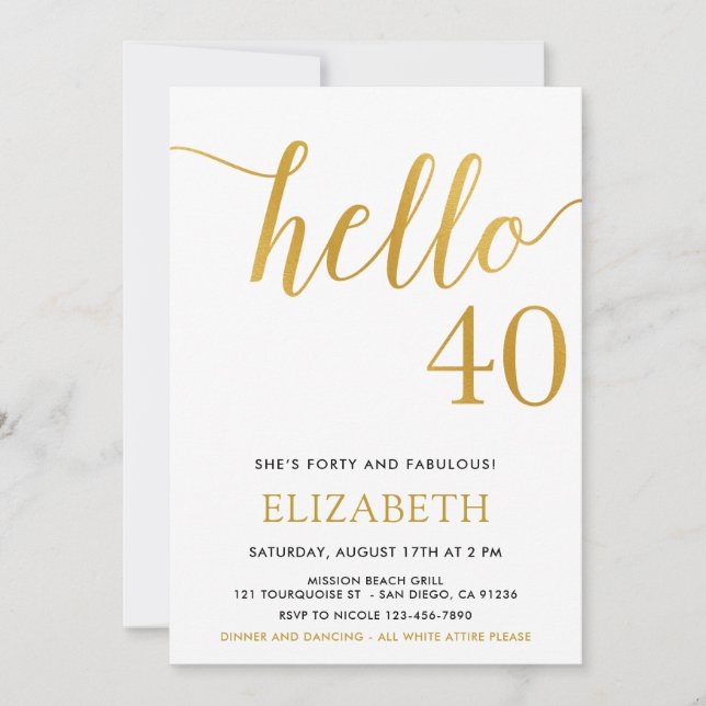 Modern 40th birthday HELLO 40 Adult Birthday Invitation (Front)