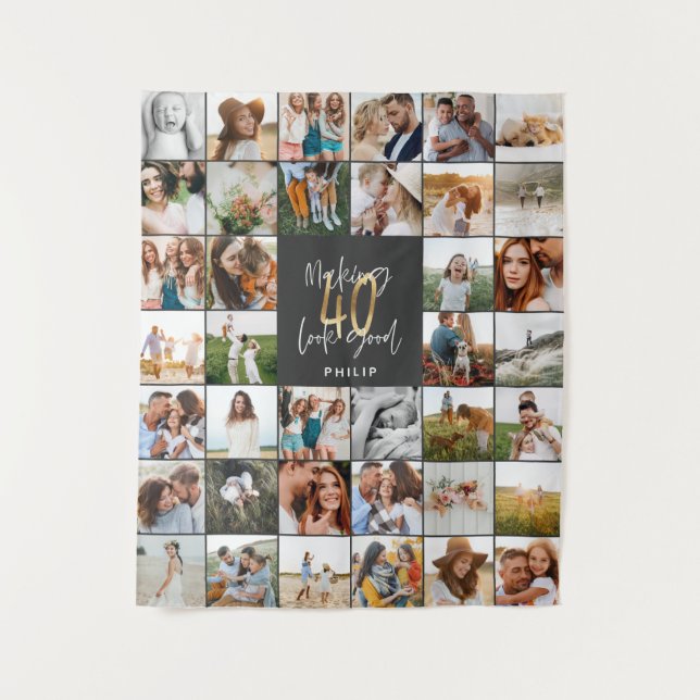 Modern 40th birthday multi photo script gift  tapestry (Front)