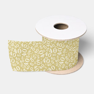 Modern 40th Birthday Number Pattern Gold/White Satin Ribbon
