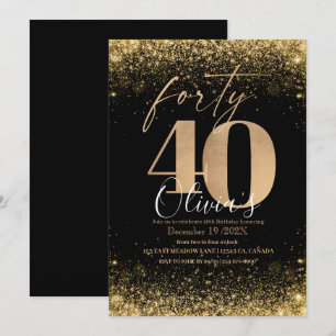 Modern 40th Birthday Party Black Gold Glitter Invitation