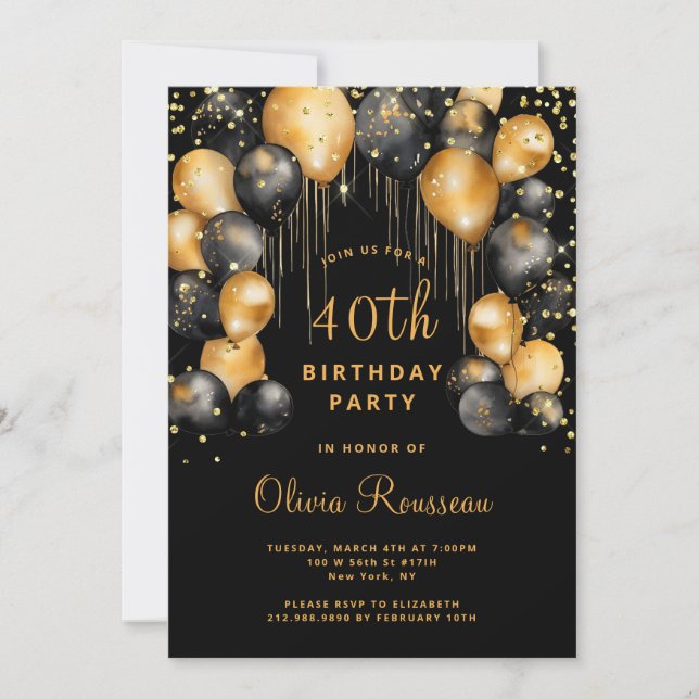 Modern 40th Birthday Party Black Gold  Invitation (Front)
