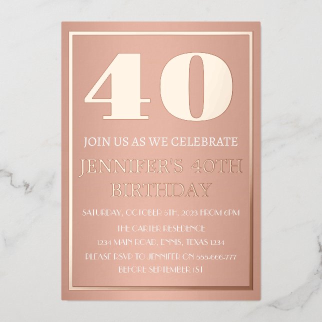 Modern 40th Birthday Rose Gold Foil QR Code Glam (Front)