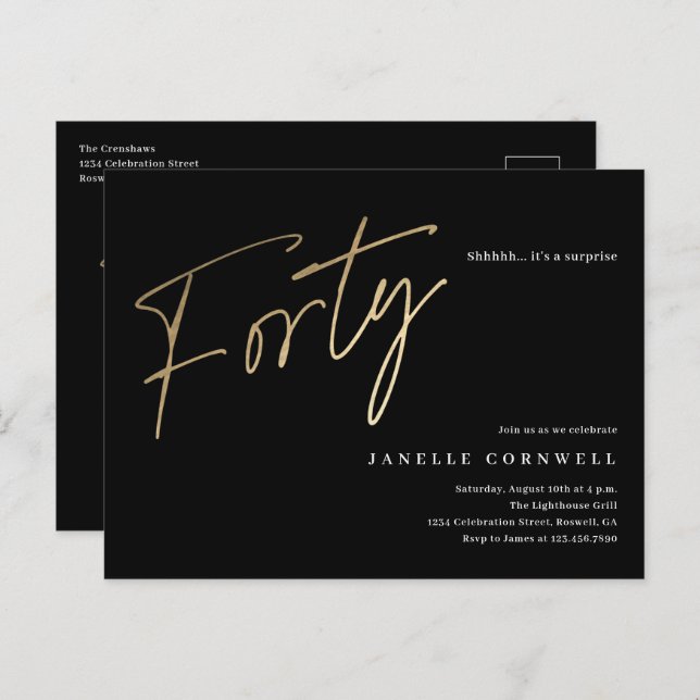 Modern 40th birthday simple elegant script  invitation postcard (Front/Back)