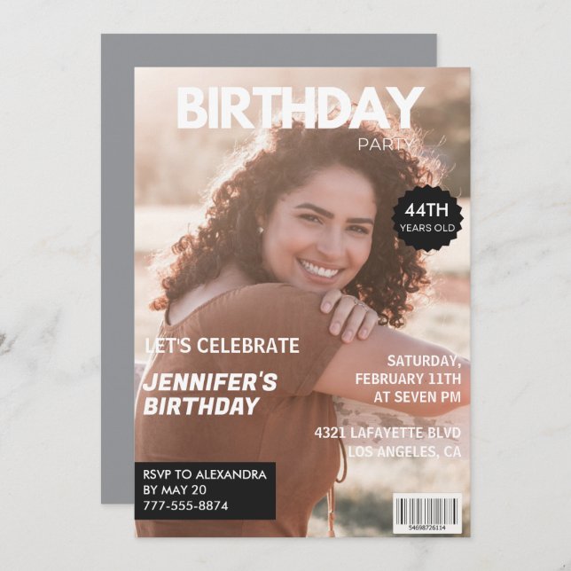 Modern 44th birthday invitations Stylish Magazine (Front/Back)
