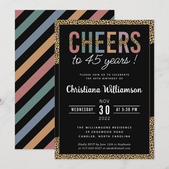Modern 45th Birthday Party Leopard Print Elegant Invitation (Front/Back)