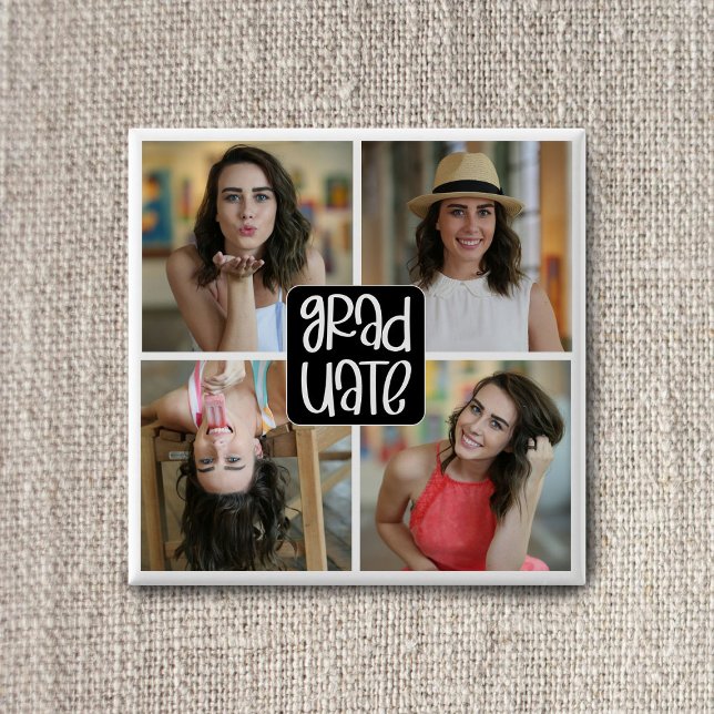 Modern 4 Custom Grad Photo Collage Graduation 2 Inch Square Button (Creator Uploaded)