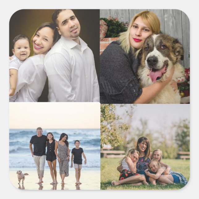 Modern 4 Family Photo Collage Custom Square Sticker (Front)