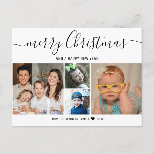 Modern 4 Family Photo Collage Merry Christmas Holiday Postcard (Front)