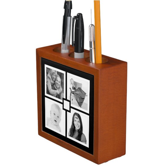 Modern 4 Photo Black and White Desk Organizer