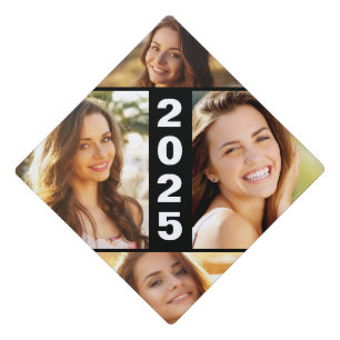 Modern 4 Photo Black Class of 2025 Graduation Cap Topper