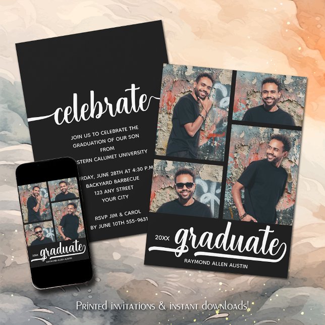 Modern 4 Photo Collage Black Graduation Invitation (Modern 4 Photo Collage Black Graduation Invitations)