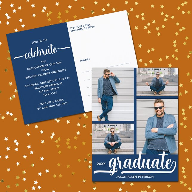 Modern 4 Photo Collage Blue Graduate Invitation Postcard (Modern 4 photo collage blue graduate party invitation postcards)