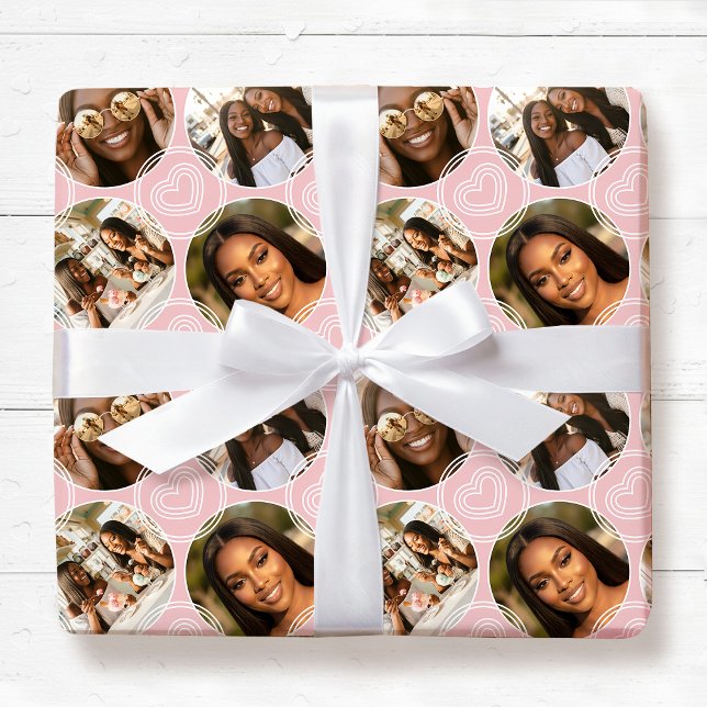 Modern 4 Photo Collage Circle Heart Blush Pink Wrapping Paper (Creator Uploaded)