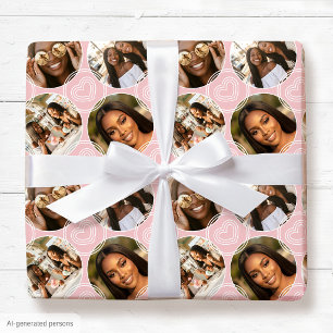Modern 4 Photo Collage Circle Heart Blush Pink Wrapping Paper
