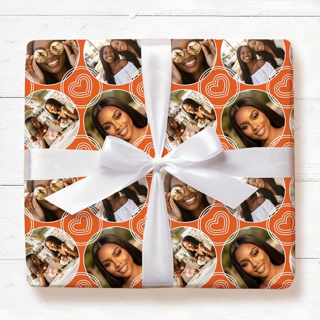Modern 4 Photo Collage Circle Heart Pattern Orange Wrapping Paper (Creator Uploaded)