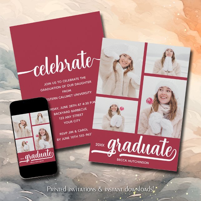 Modern 4 Photo Collage Crimson Red Graduation Invitation (Modern 4 photo collage crimson red graduation party invitations)