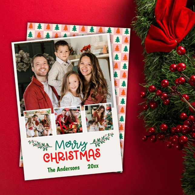  Modern 4 photo collage cute simple Christmas  Holiday Card (Front/Back )