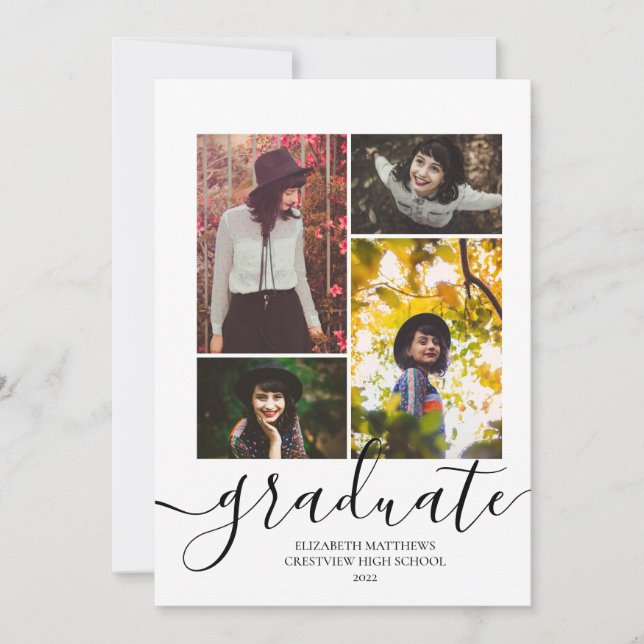 Modern 4 Photo Collage Elegant Script Graduation  Invitation (Front)