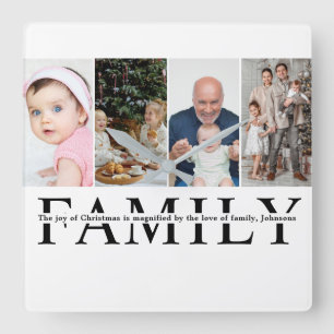 Modern 4 Photo Collage Family christmas Quote  Square Wall Clock