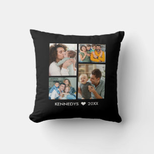 Modern 4 Photo Collage Family Name Keepsake Black Throw Pillow