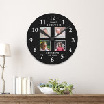 Modern 4 Photo Collage Family Name Quote Black Round Clock<br><div class="desc">Create your own photo collage wall clock with 4 of your favourite pictures. The photo clock helps you treasure your special moments and also makes a thoughtful gift for parents, grandparents and friends. The personalized wall clock with photos makes it a perfect gift for all occasions. Personalize with family name...</div>