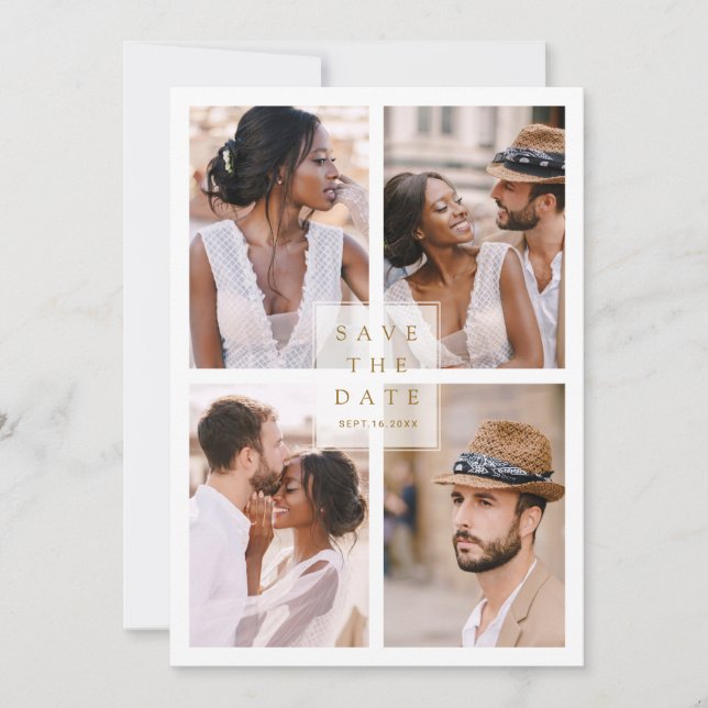 Modern 4 Photo Collage Gold Wedding Save The Date (Front)