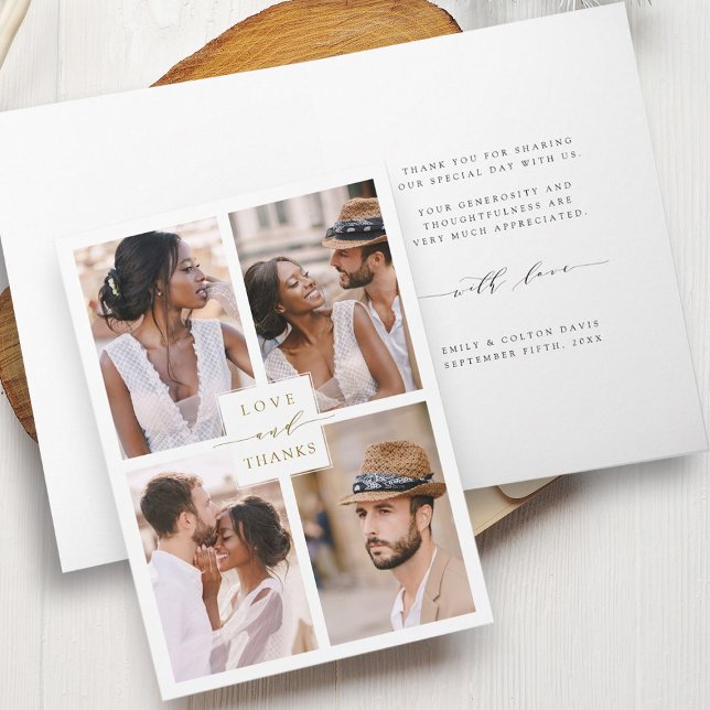 Modern 4 Photo Collage Gold Wedding Thank You Card (Front & Inside)