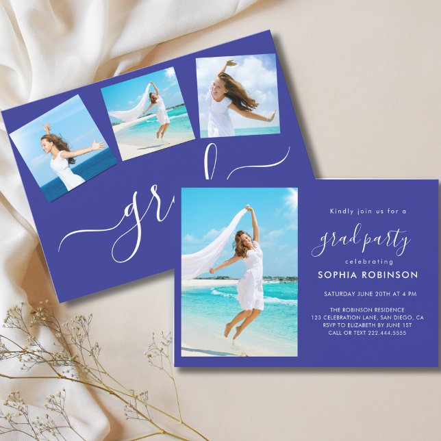 Modern 4 Photo Collage Graduation Party Blue Invitation (Creator Uploaded)