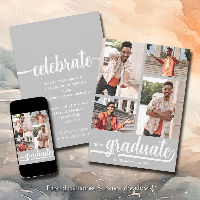Modern 4 Photo Collage Grey Graduation Invitation (Modern 4 photo collage silver graduation party invitations)